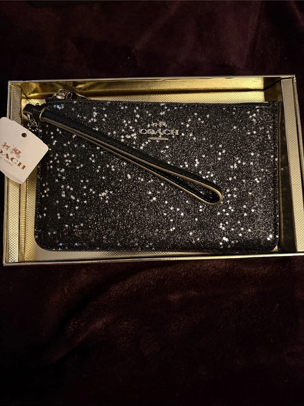 NWT GIFT READY COACH Black Glitter Star Wristlet - Sparkle Clutch